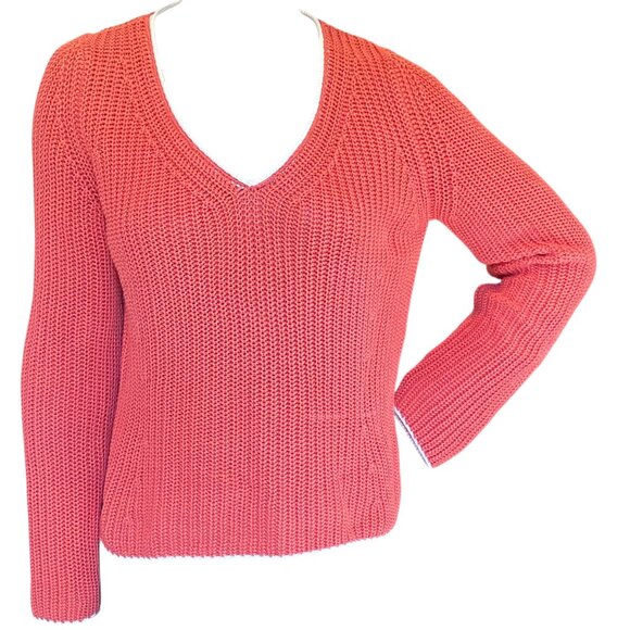 Lorena Antoniazzi  Italian Cotton V-Neck Sweater M Coral & Cream 270N - Picture 3 of 7